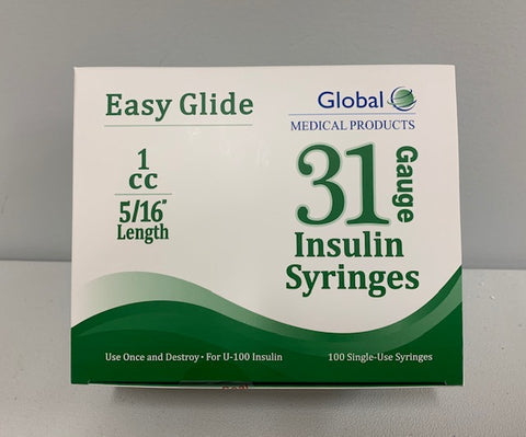 Global Easy Glide 31 gauge 1cc 5/16" Insulin Syringes